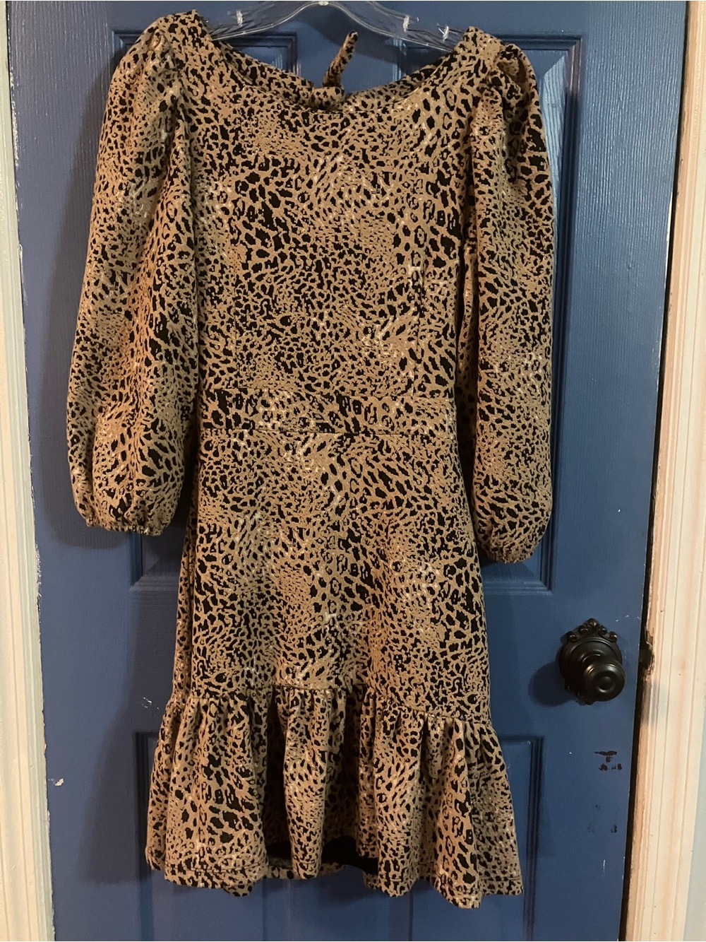 Anthropologie Leopard-Print Long Sleeve Ruffle-Hem Dress in Taupe and Black
